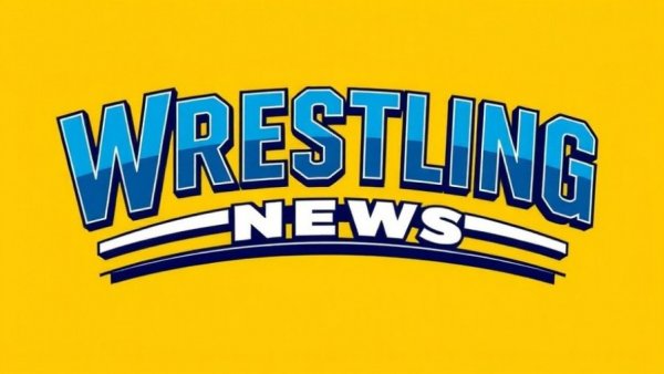 Bold retro wrestling news logo with dynamic blue text on yellow.