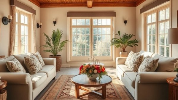 Cozy traditional living room design in Raleigh, NC, with cream sofas.