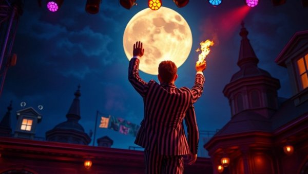 Beetlejuice The Musical performer on gothic rooftop with dramatic lighting.