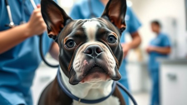 Veterinarian checking Boston Terrier for rules for taking your pet abroad.