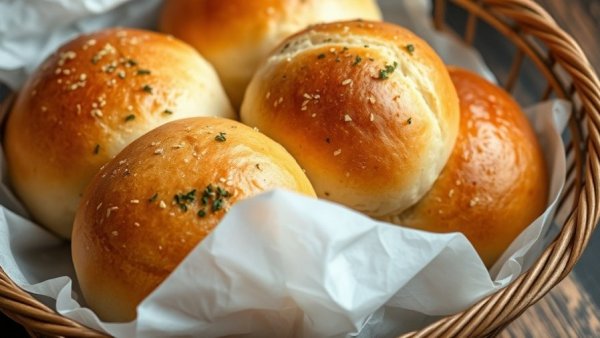 Golden-brown garlic Parmesan cottage cheese dinner rolls in a basket.