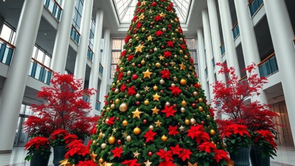 Vintage Christmas decorating ideas with a grand festive tree in an atrium.