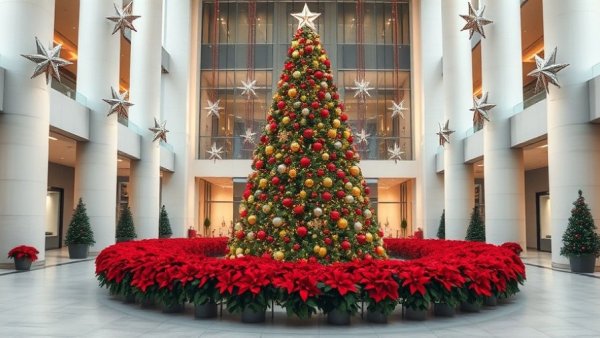 Grand Christmas tree in modern atrium with 2025 decor trends.