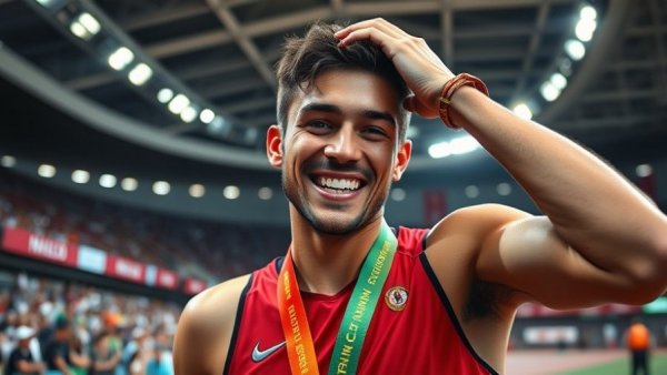 Athlete celebrating victory in world gold pursuit in sports.