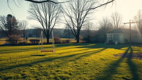 Winter lawn care for grass types with swings in morning light.