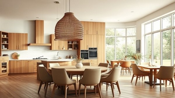 Stylish kitchen and dining combo with wooden table and beige chairs in modern design.