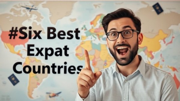 Best Countries for Expats world map with travel items and excited man.
