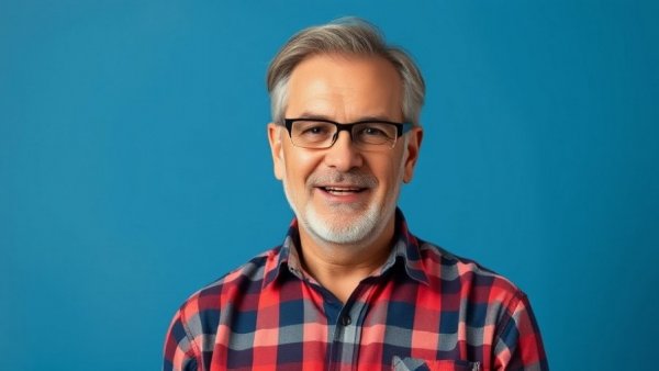 Retiring Abroad Tips: Middle-aged man speaking on blue background.