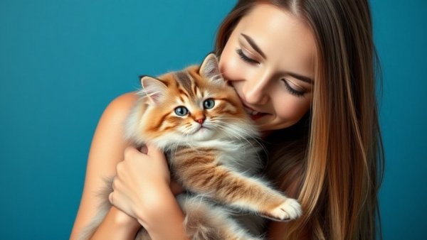 Smiling woman holding a cat against a blue background.