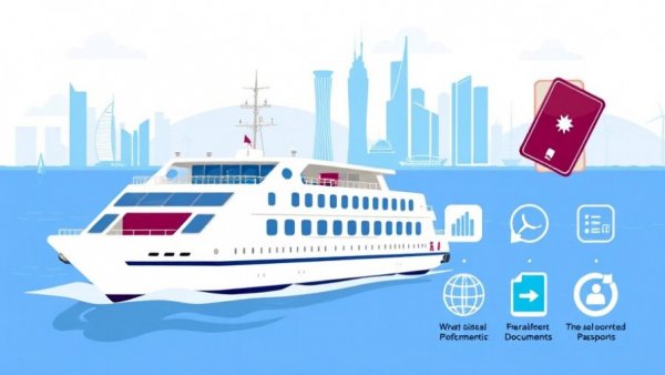 Qatar-Bahrain ferry service illustration with cityscape and travel icons.