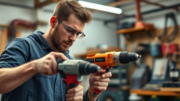 Focused man using power drills in a workshop, ideal for DIY toolkits.