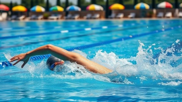 Swimmer in blue pool with colorful umbrellas, dynamic motion.