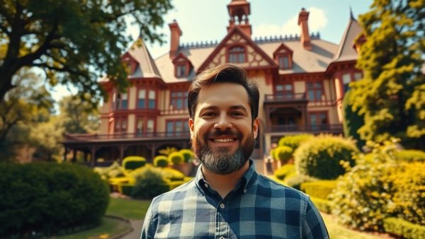 Young man smiling in front of a historic mansion, smart home concept.