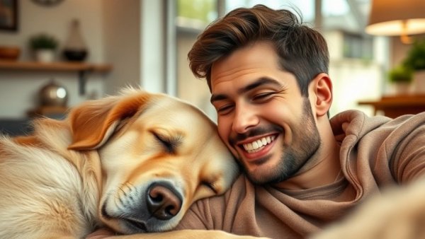 Young man with dog in a cozy setting, smiling warmly.