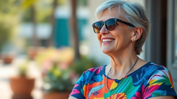 Middle-aged woman in sunglasses enjoying a sunny outdoor moment, capturing lifelong memories in track and field.