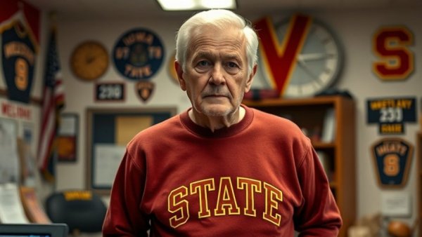 Elderly man in Iowa State sweatshirt, insightful expression in wrestling office