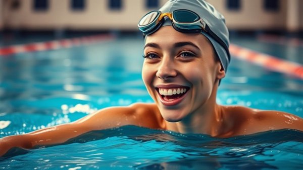 Joyful female swimmer celebrating at pool; Irish 100 Backstroke Record context.