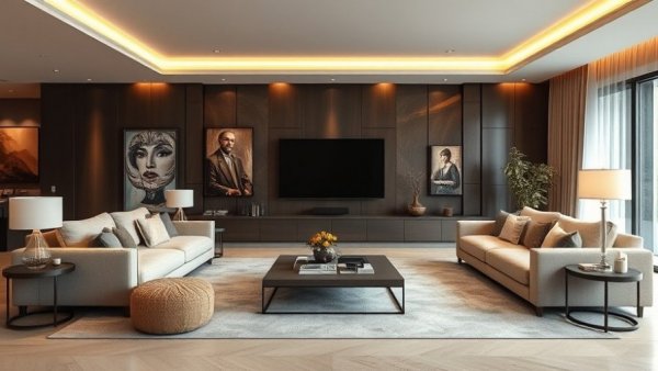 Modern luxury interior design ideas 2026, elegant living rooms, warm ambiance.