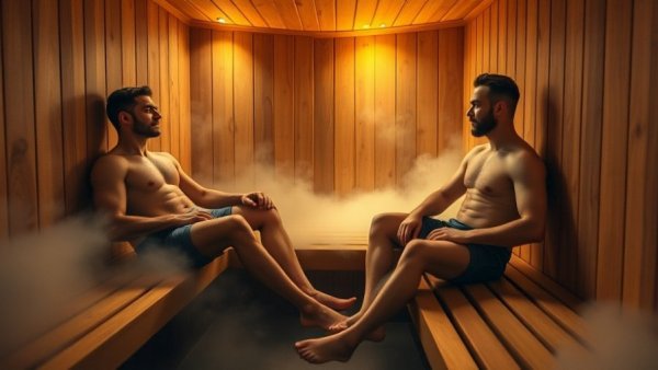 Two men in a DIY sauna enjoying relaxation on wooden benches, ambient lighting