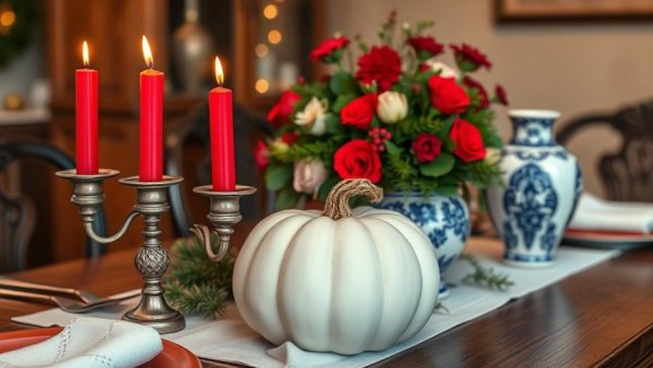 Charming holiday table arrangement with decorative pumpkin and red candles.