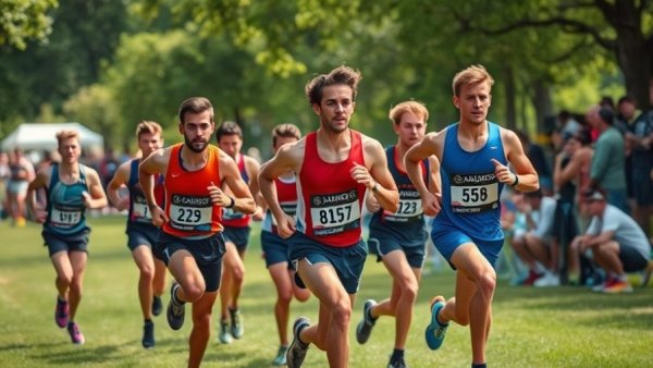 Athletes competing at NCAA XC Regionals in a lively park setting.