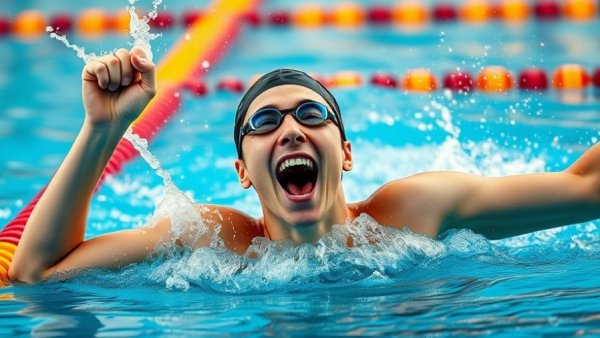 Swimmer celebrating victory in a vibrant pool setting, Angelina Köhler continues golden form.
