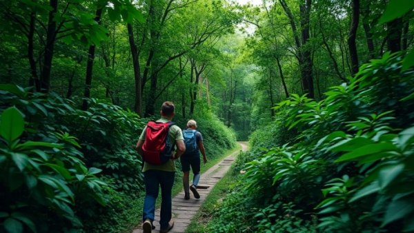 Pu Luong travel adventure, hikers on a lush forest trail