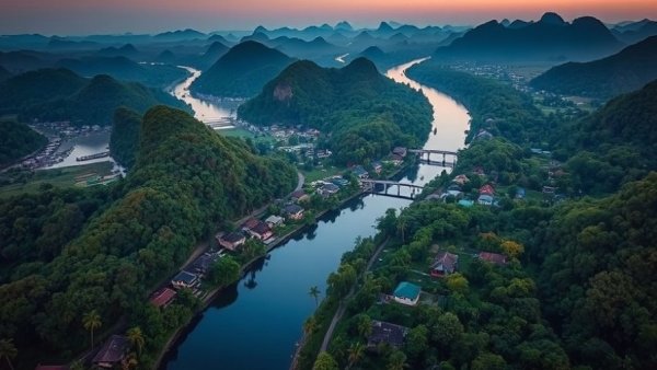 Aerial view of 4,000 Islands, Laos at twilight, lush scenery.