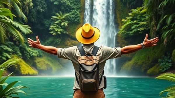 Explorer at waterfall in Laos, discovering hidden gems.