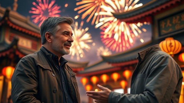 Discussing Asia’s Residence Permits 2025 with fireworks in background.