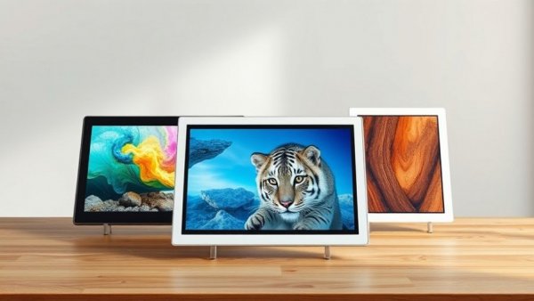 E-Paper picture frames displaying vivid images on a wooden table.