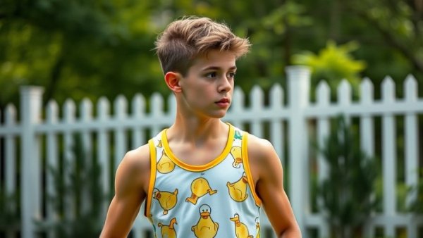Young athlete in unique Junior Olympics uniform with duck pattern.