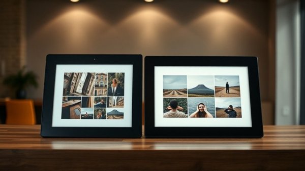 Affordable smart home e-ink photo displays on wooden surface.