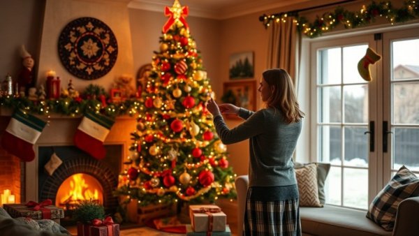 Cozy traditional Christmas interior design in Raleigh NC, woman decorating tree.