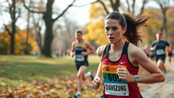 Female runner at NCAA Cross Country Championships, autumn race.