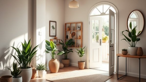 Warm, inviting entryway with plants and minimalist decor.