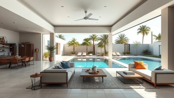 Modern Home Design with luxurious poolside view in tropical setting.