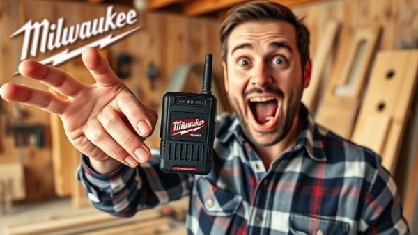 Excited man showcasing the M18 Bluetooth Radio and Charger at a construction site.