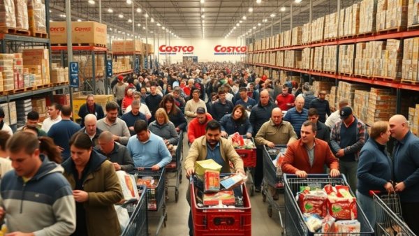 Lively crowd shopping at Costco with carts full of items