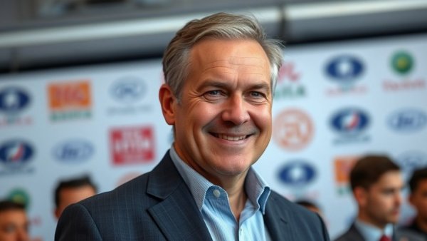 Tom Brands Iowa Wrestling event backdrop, man smiling, with logos visible.