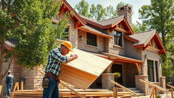 Affordable home construction panel installation on rustic stone house.