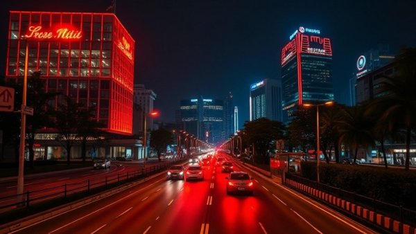 Night view of UDC Building The Pearl with cars on road, red-lit tower.