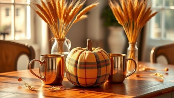 Elegant holiday decor ideas: fall-themed table setting with plaid pumpkin and copper accents.