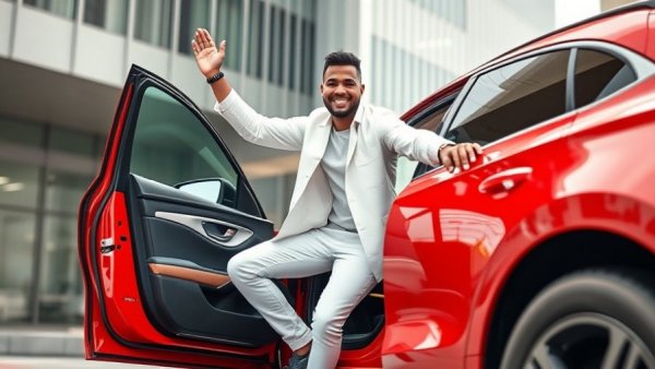 Man in white attire interacting with a red car, urban setting, broad daylight.