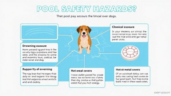 Infographic detailing major pool hazards for dogs, emphasizing safety.