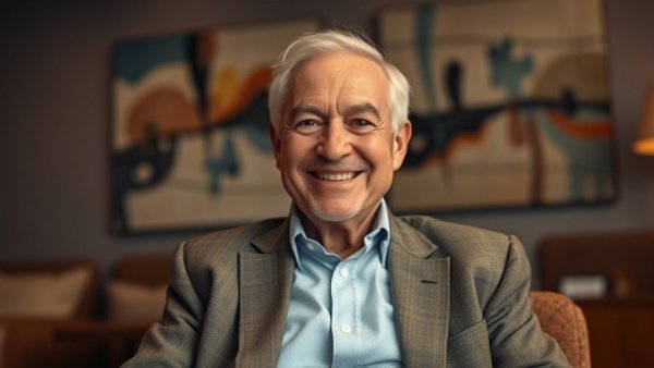 Elderly man smiling indoors in warm ambiance.