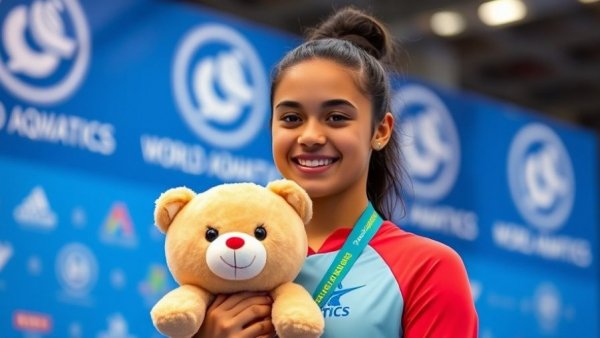 Athlete smiling at World Aquatics event with plush toy, LA28 Olympic Schedule Conflicts.