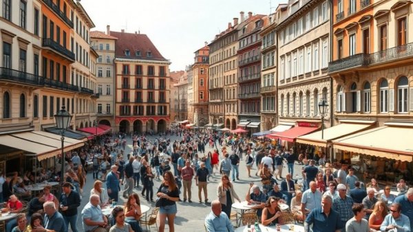 Bustling European square with cafes for digital nomads