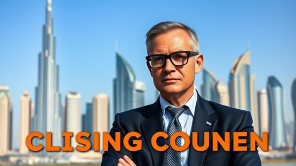 Businessman leaving UAE business behind, Dubai skyline background.