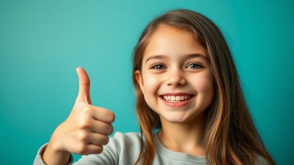 Smiling young girl giving thumbs up in blue sweater.